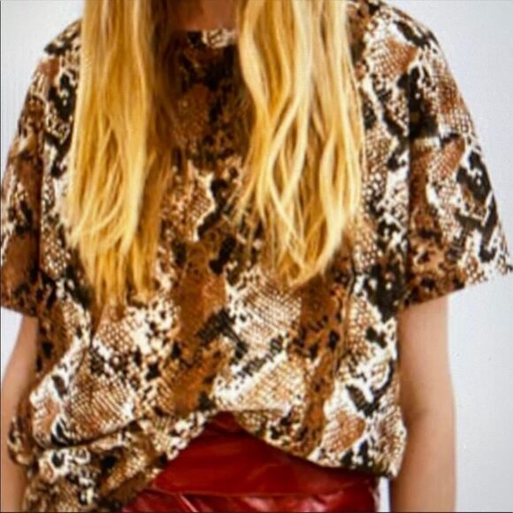 ZARA | Snakeskin Print Graphic Tee Short Sleeve NEW!Women’s Size Small Brown - Picture 10 of 10